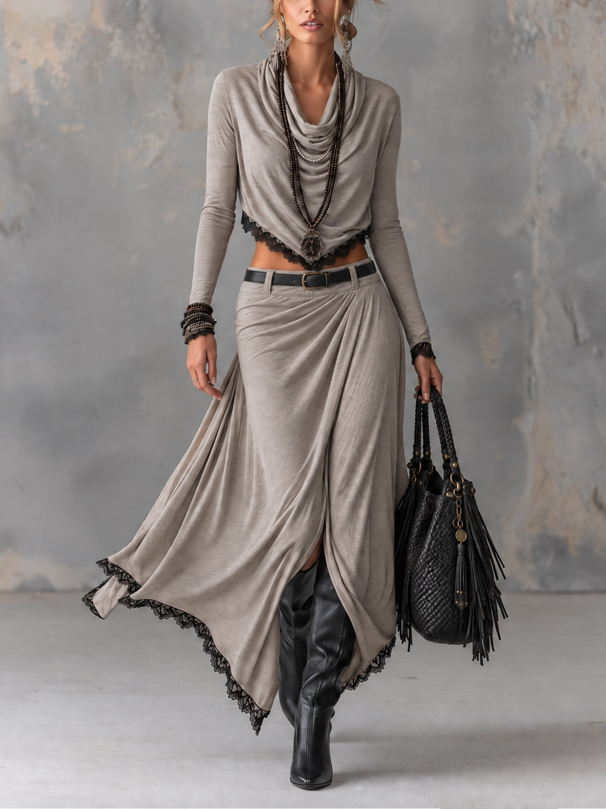 Michela | Two-piece set with a short elastic top featuring a draped gray neckline and a long skirt with a slit (belt included)