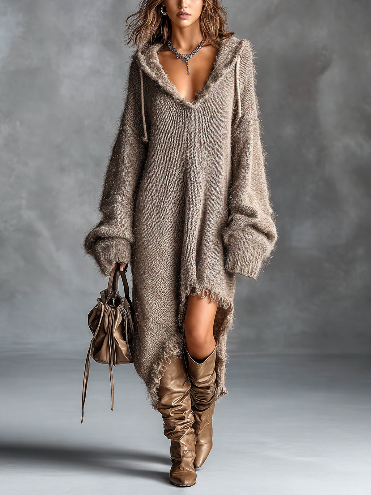 Sophia | Fuzzy Knit Hooded Oversized Dress