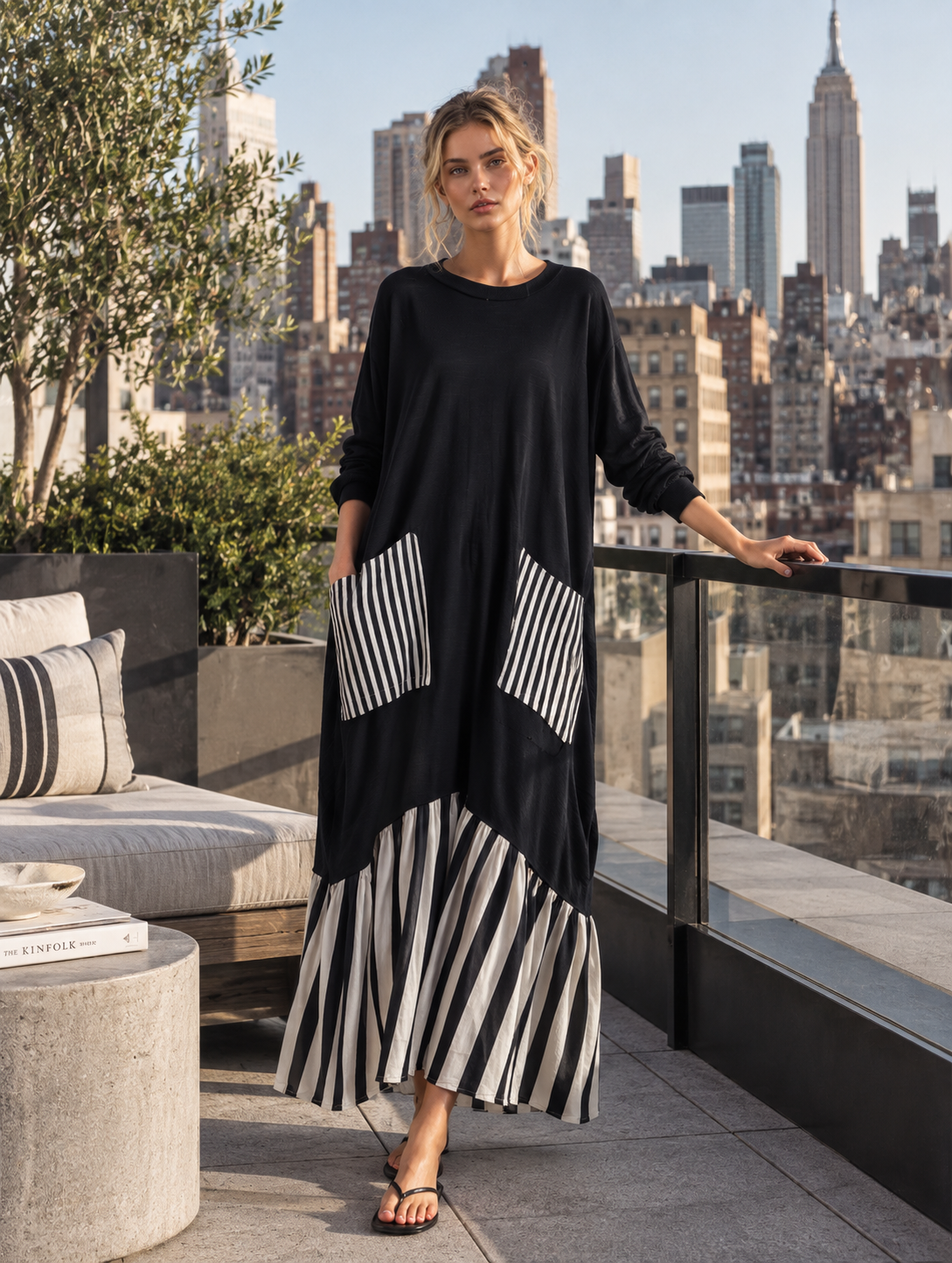 Stefania | Oversized Black Cotton Long Dress with Patchwork Stripes