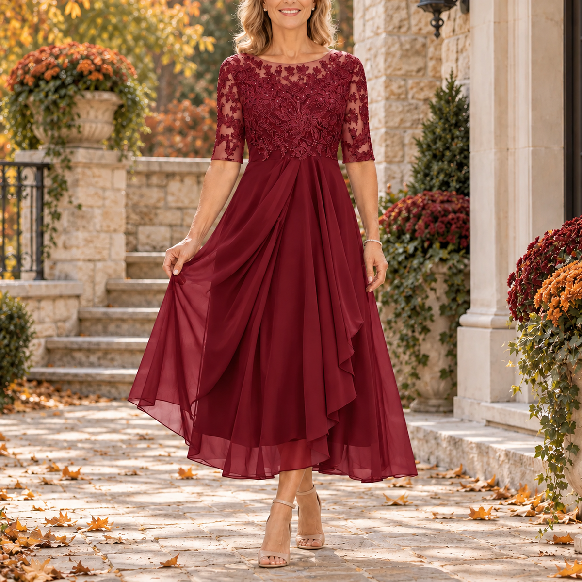 Phoebe - Lace Bodice Draped Midi Dress