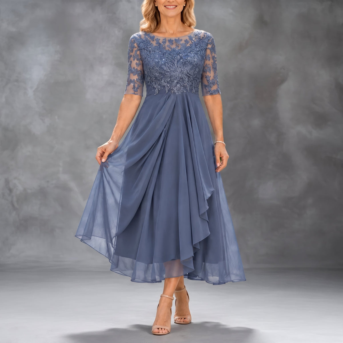 Sophia | Lace Bodice Draped Midi Dress