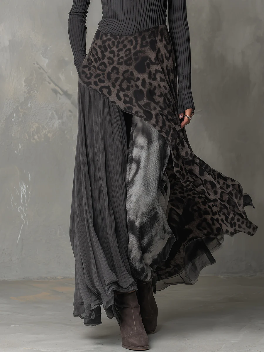 Grey Pit Stripe Leopard Print Splicing Asymmetrical Hem Maxi Dress