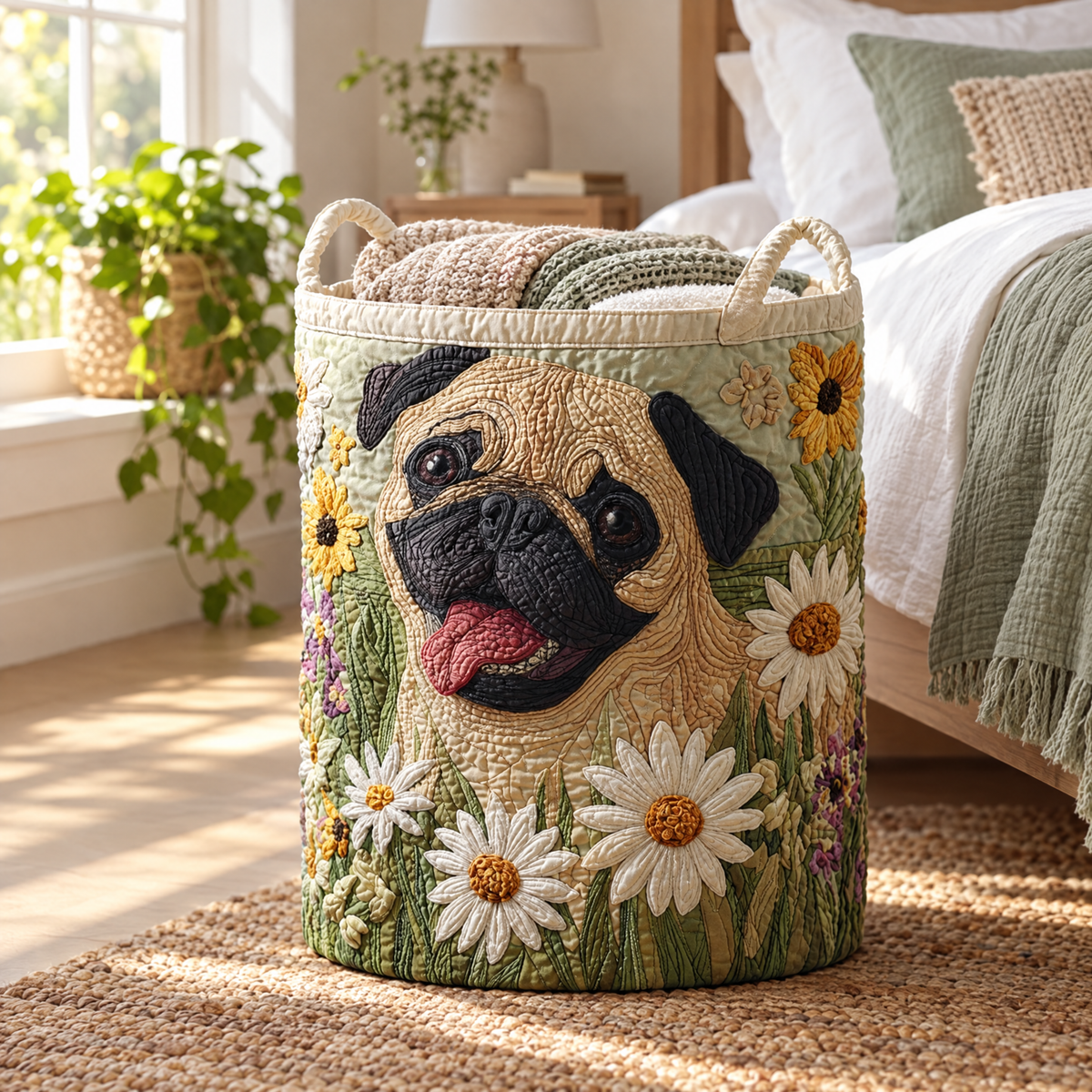 Pug Among the Daisies Quilted Basket │ B1G1