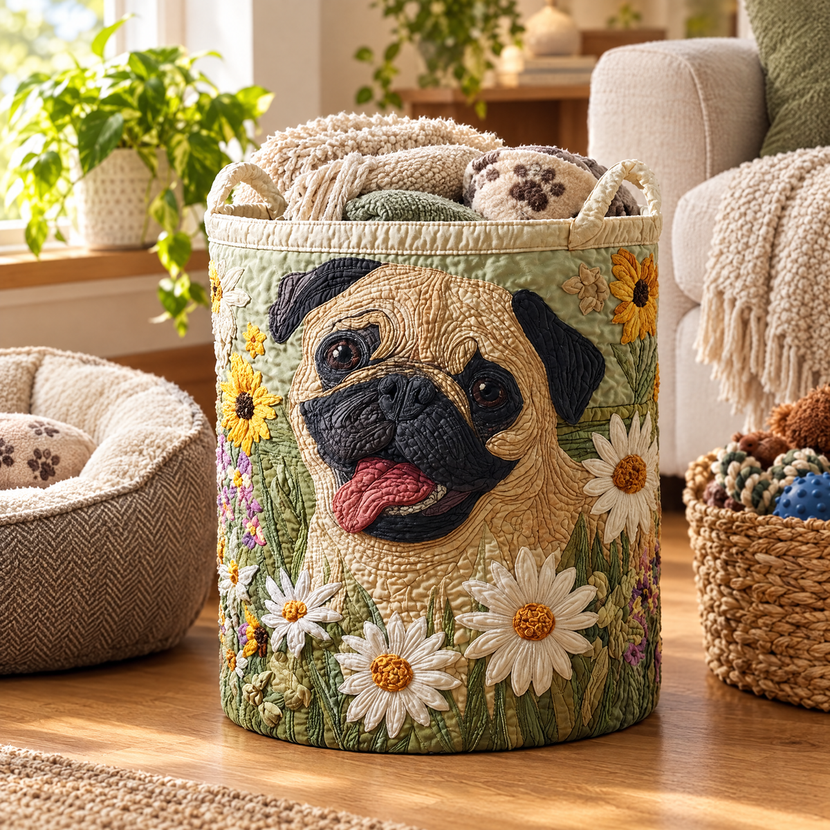 Pug Among the Daisies Quilted Basket │ B1G1