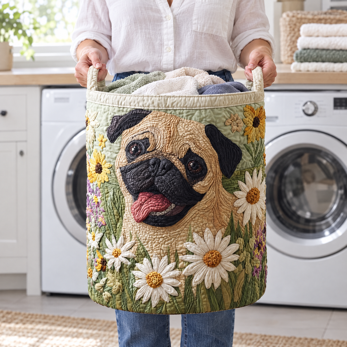 Pug Among the Daisies Quilted Basket │ B1G1