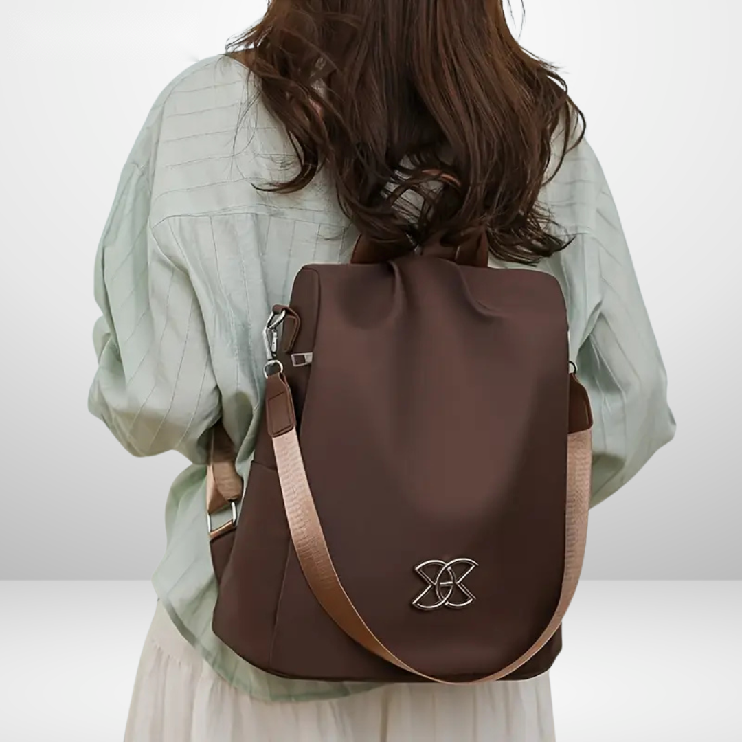 Lucius Anti-Theft Bag - Brown, back view worn