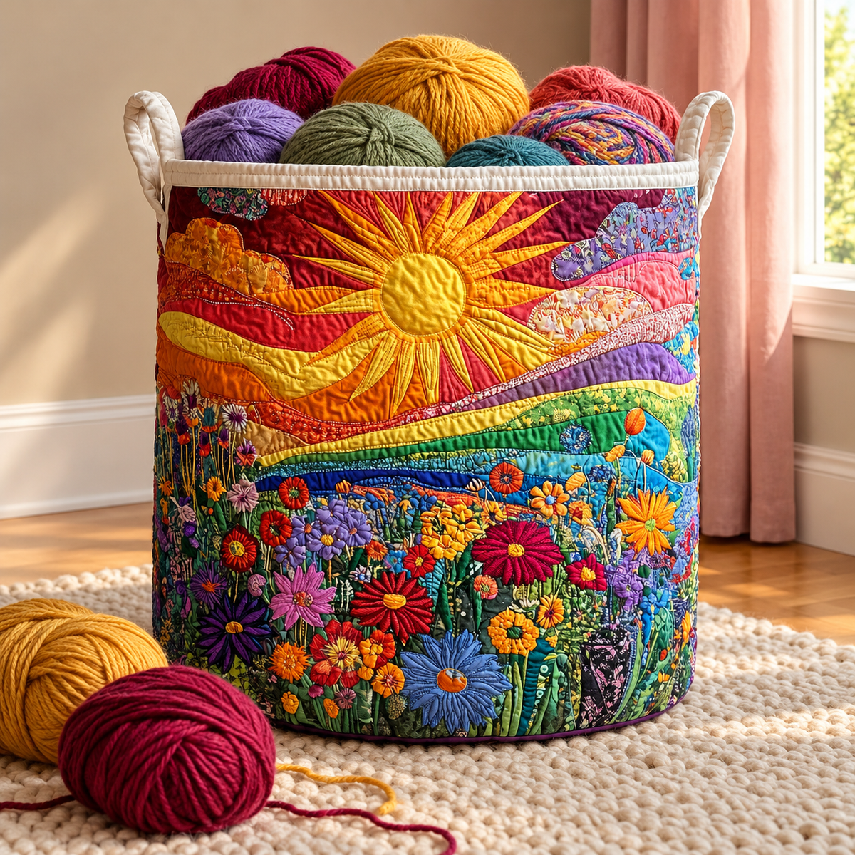 Sunlit Bliss Yarn Basket – Quilted Knitting & Crochet Storage
