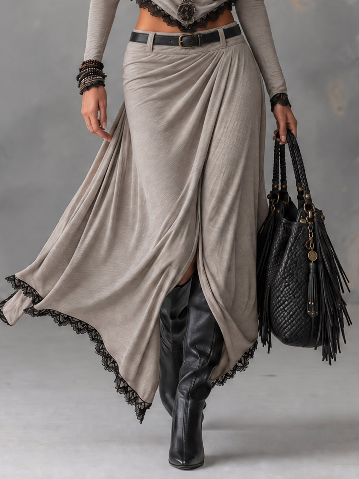 Michela | Two-piece set with a short elastic top featuring a draped gray neckline and a long skirt with a slit (belt included)