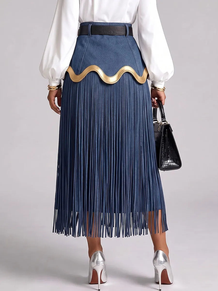 Women's High-waisted Casual Loose-fitting Fringed Denim Skirt back view