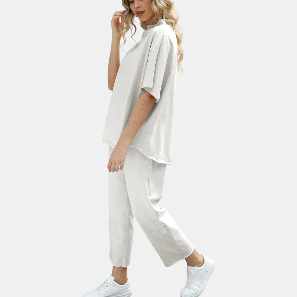 Emma | Women's Mock Neck Lounge Set Wide Leg Cropped Pants