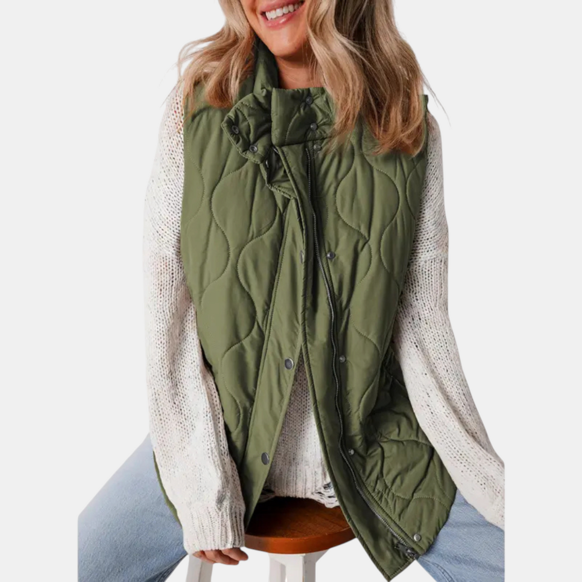 Margaret | Women's Puffer Vest Quilted Zip Up Snap Button Sleeveless Coat