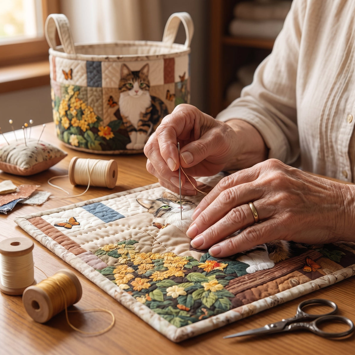 Cat Among the Petals Quilted Basket │ B1G1
