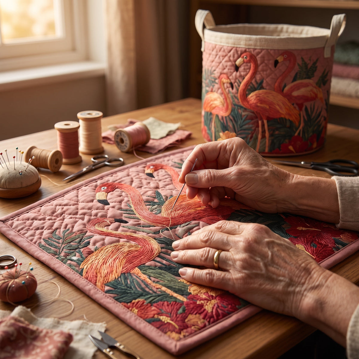 Flamingos in the Sun Quilted Basket │ B1G1