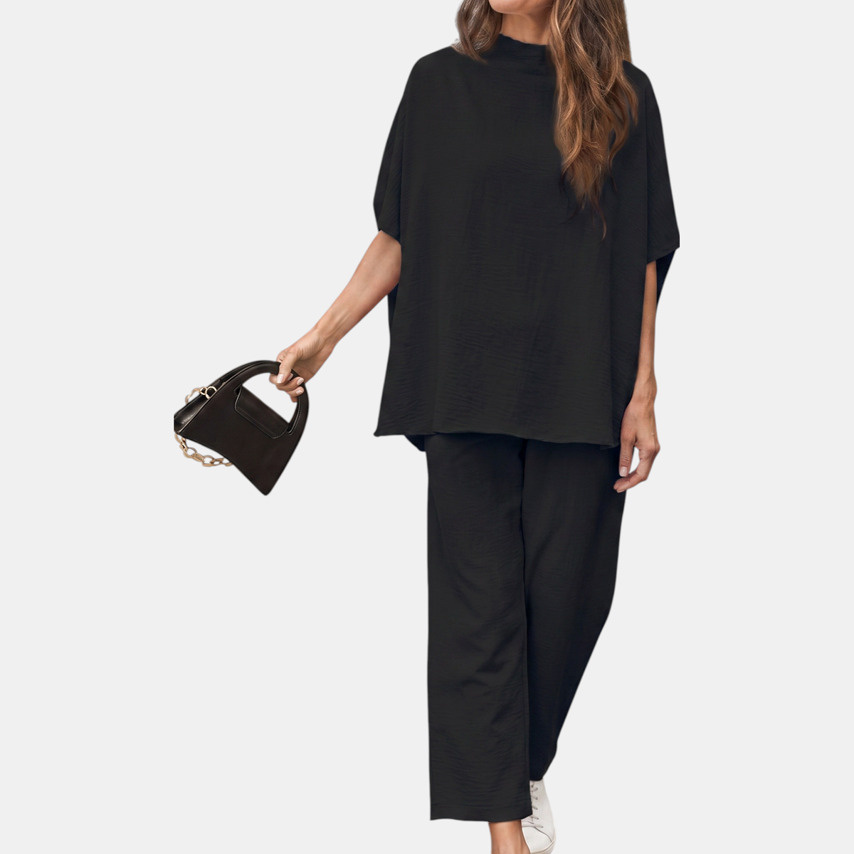 Emma | Women's Mock Neck Lounge Set Wide Leg Cropped Pants