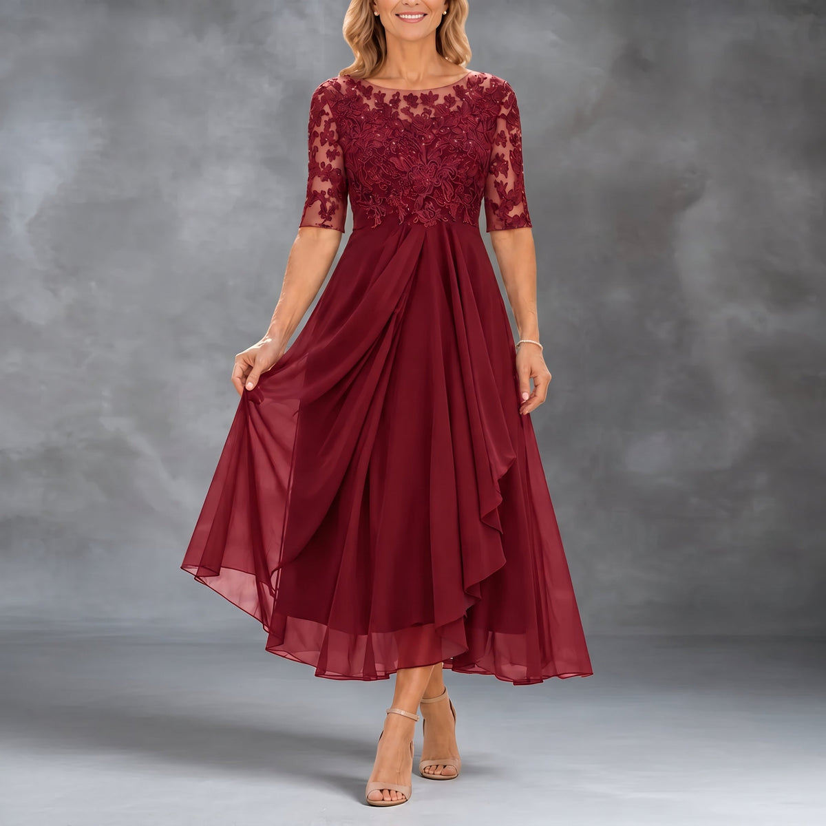 Mabel | Lace Bodice Draped Midi Dress