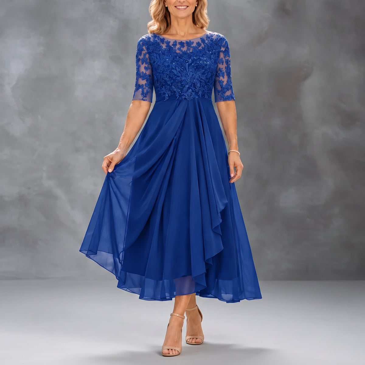 Rachel | Lace Bodice Draped Midi Dress