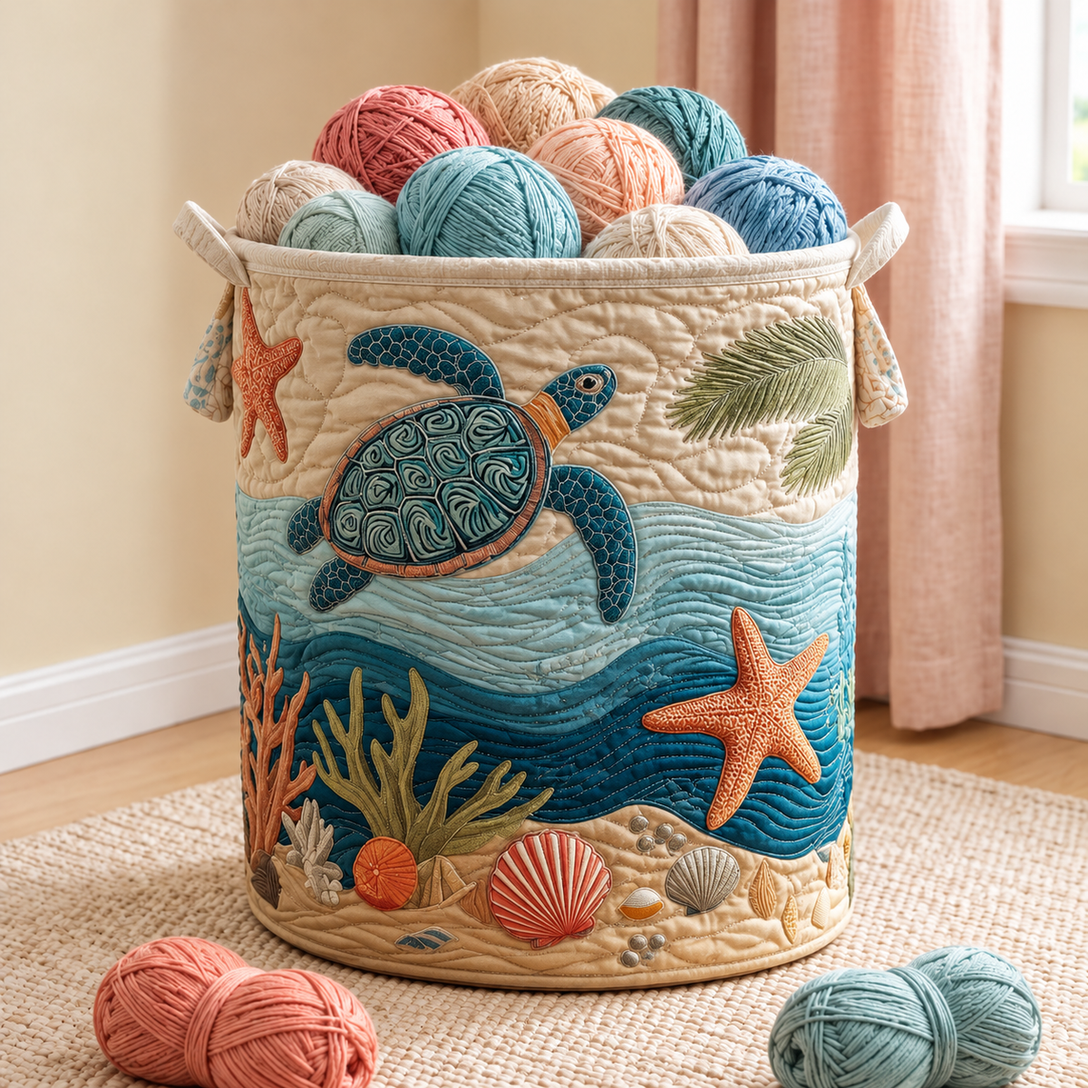 Coastal Harmony Yarn Basket – Quilted Knitting & Crochet Storage