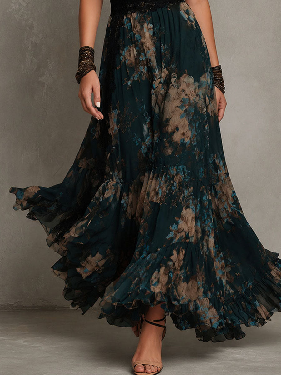 Lucia | Long vintage dark green chiffon dress with floral lace