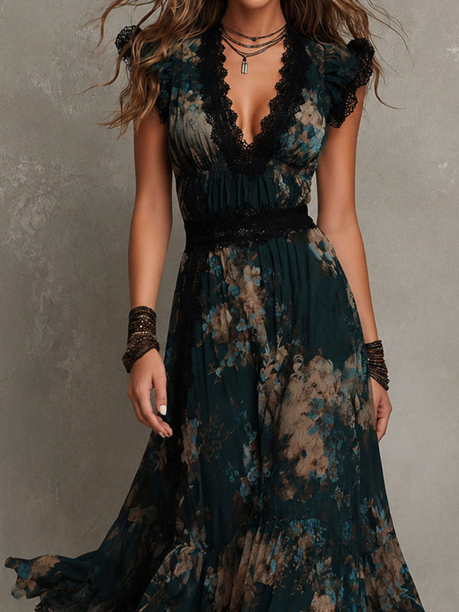 Lucia | Long vintage dark green chiffon dress with floral lace