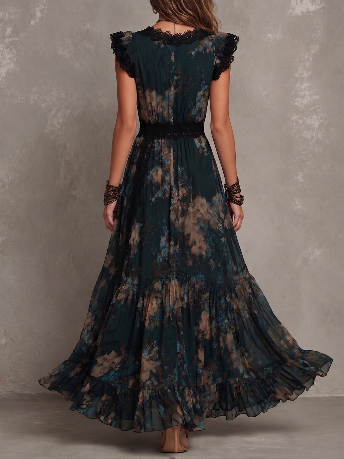 Lucia | Long vintage dark green chiffon dress with floral lace