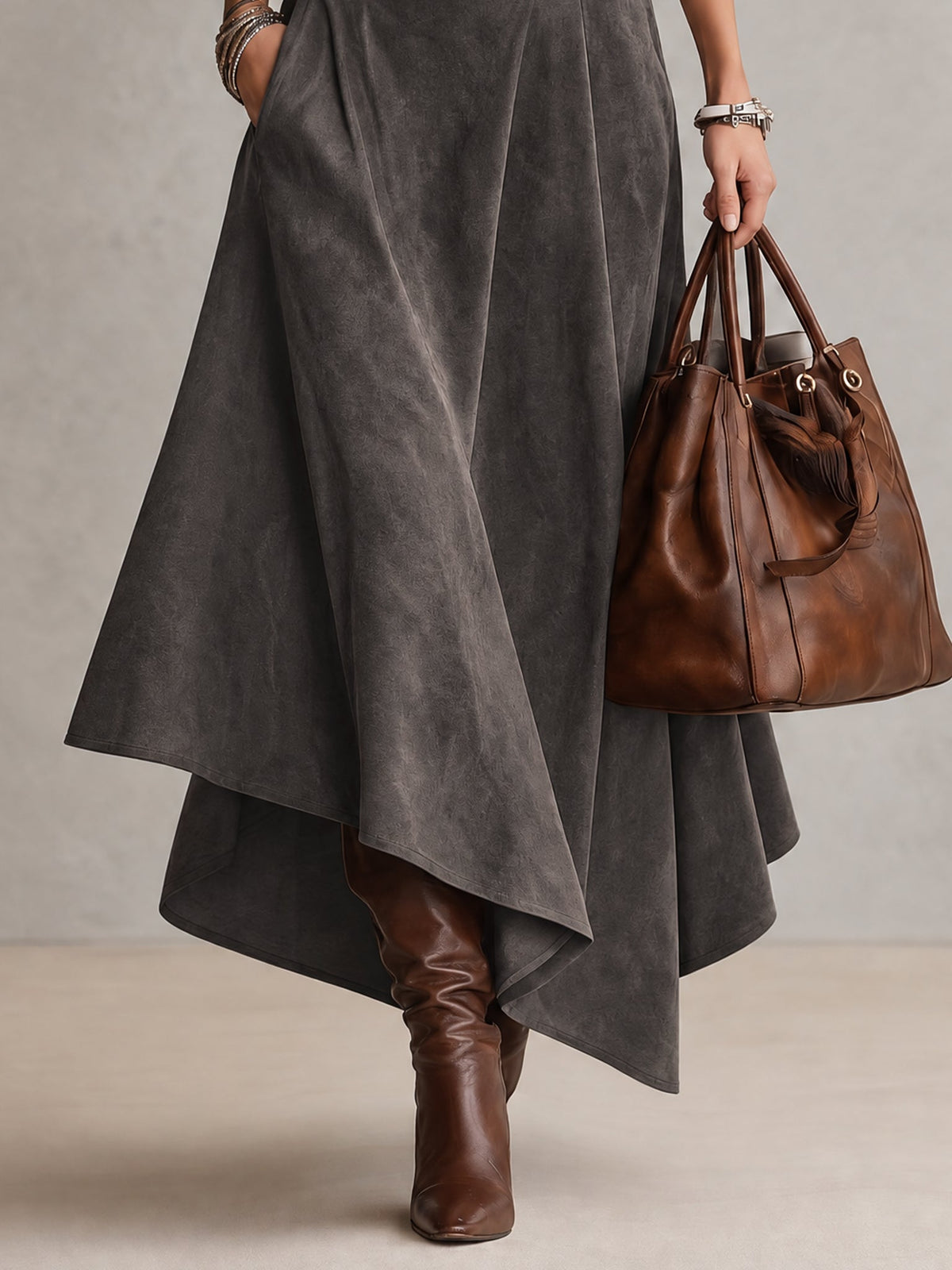 Francesca | Gray High Neck Top and Asymmetrical Midi Skirt in Synthetic Suede (with Belt)
