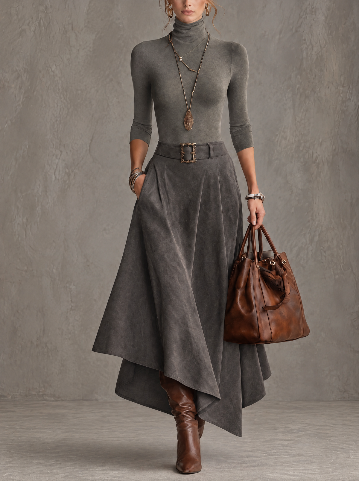 Francesca | Gray High Neck Top and Asymmetrical Midi Skirt in Synthetic Suede (with Belt)