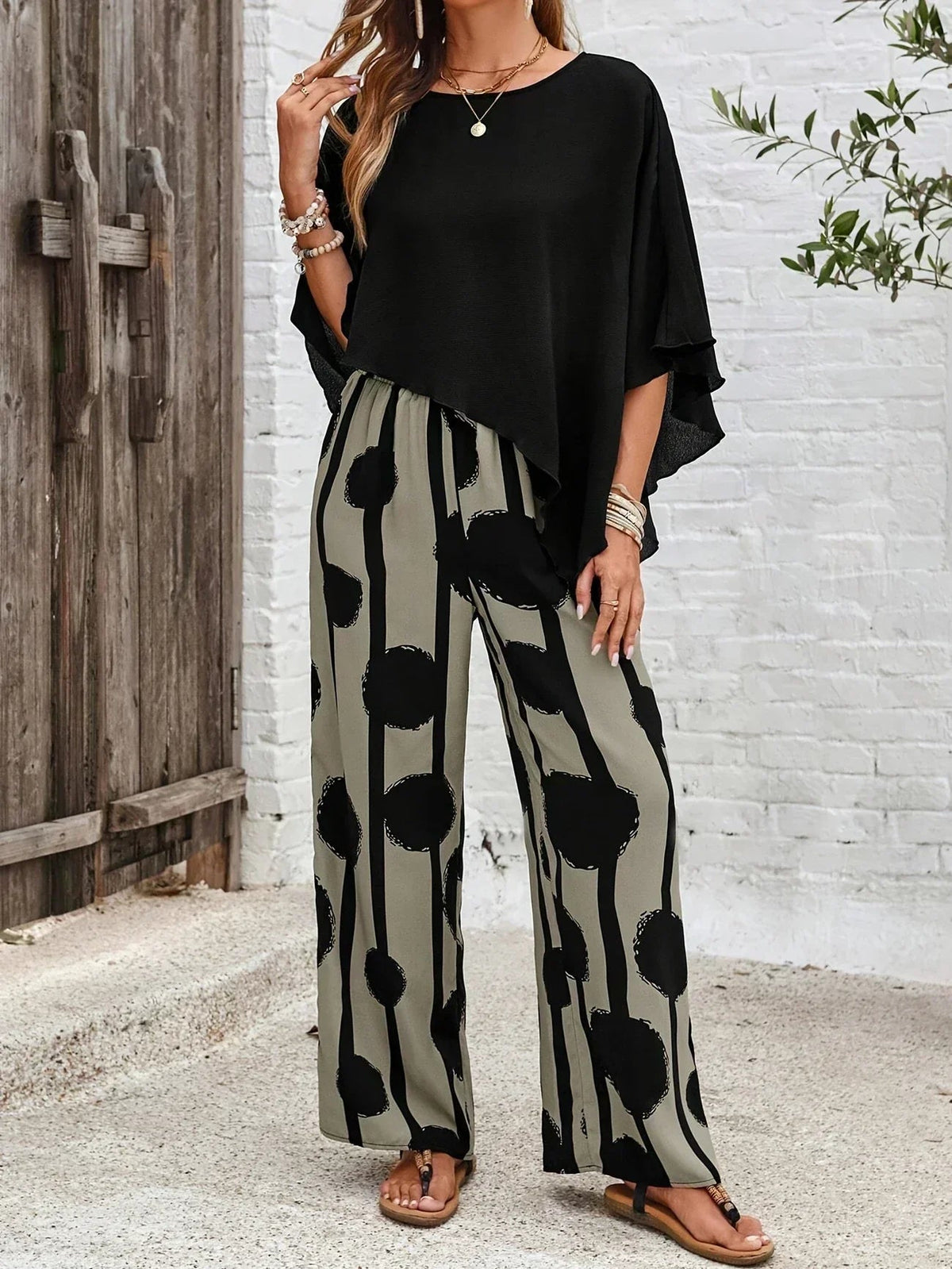 Kalliope Comfortable Elastic Waist Two-Piece Set - Black & Gray