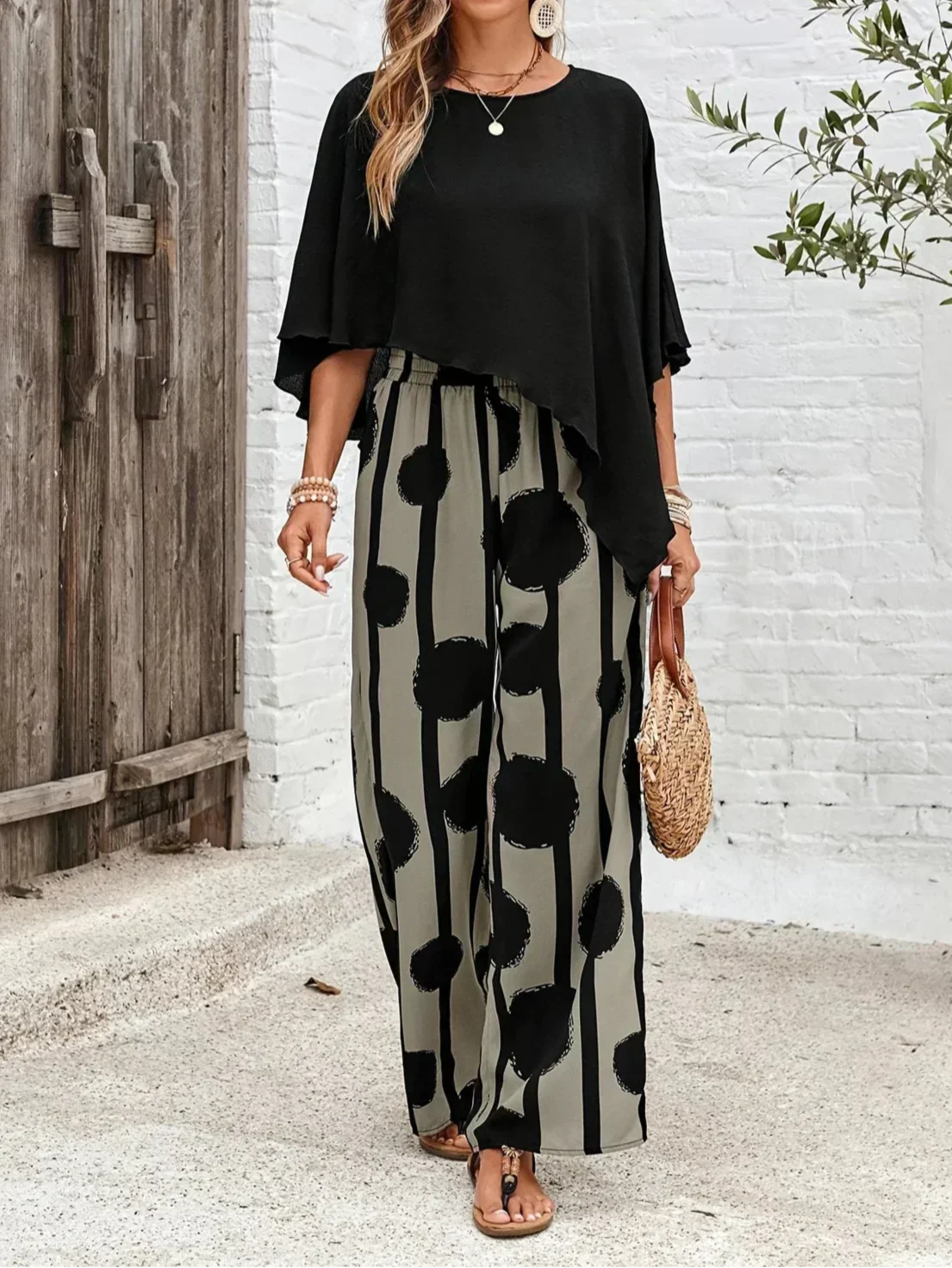 Kalliope Comfortable Elastic Waist Two-Piece Set - Black & Gray